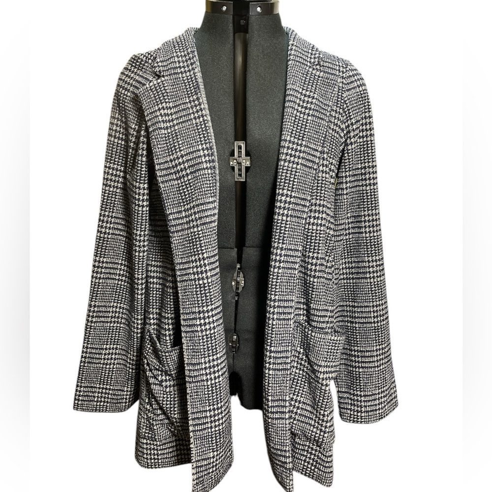 J. Jill Wearever Collection Navy and Gray Plaid Houndstooth Open Jacket Size M - Picture 2 of 13